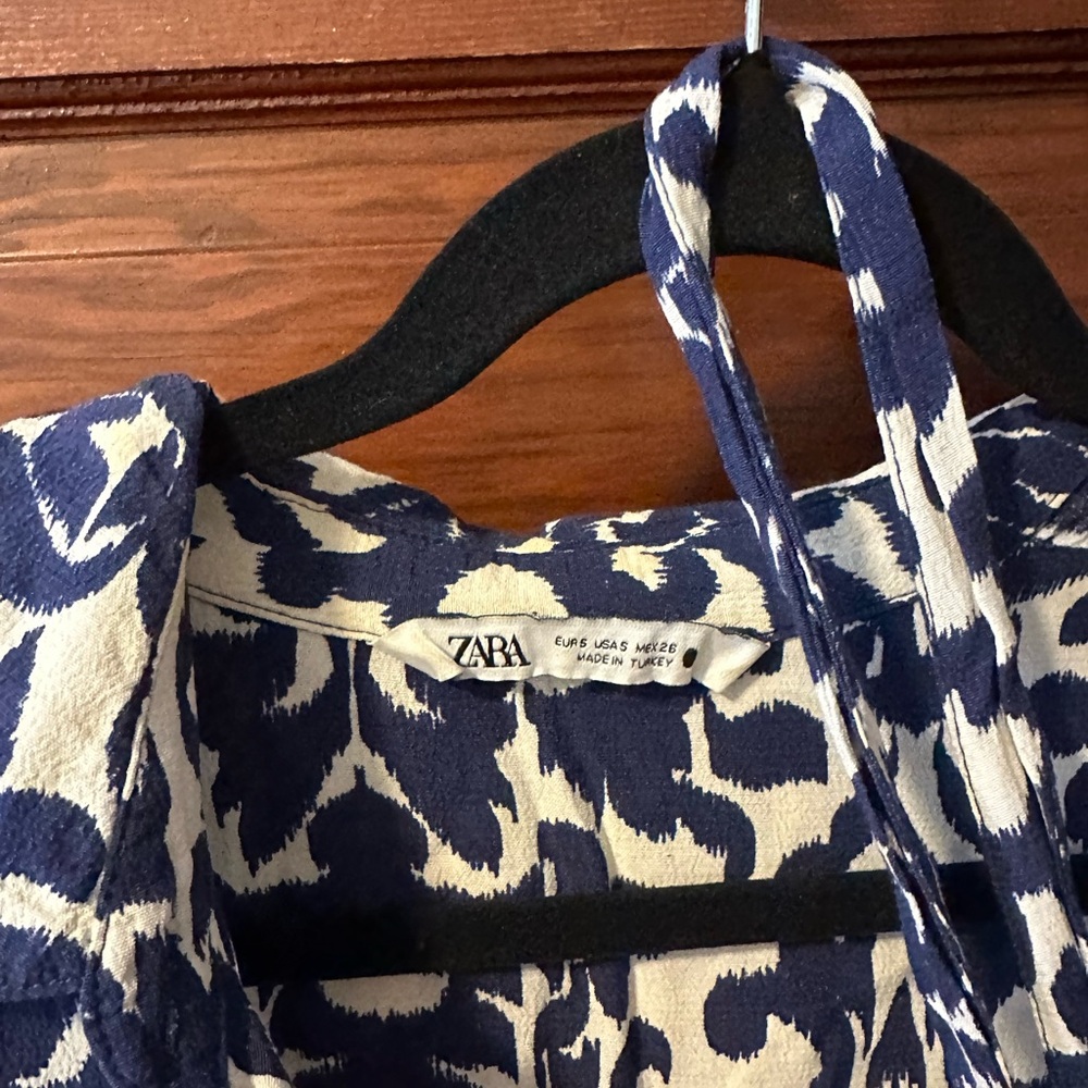 Zara Navy and White Long Sleeve Printed Midi Dress - Picture 7 of 7